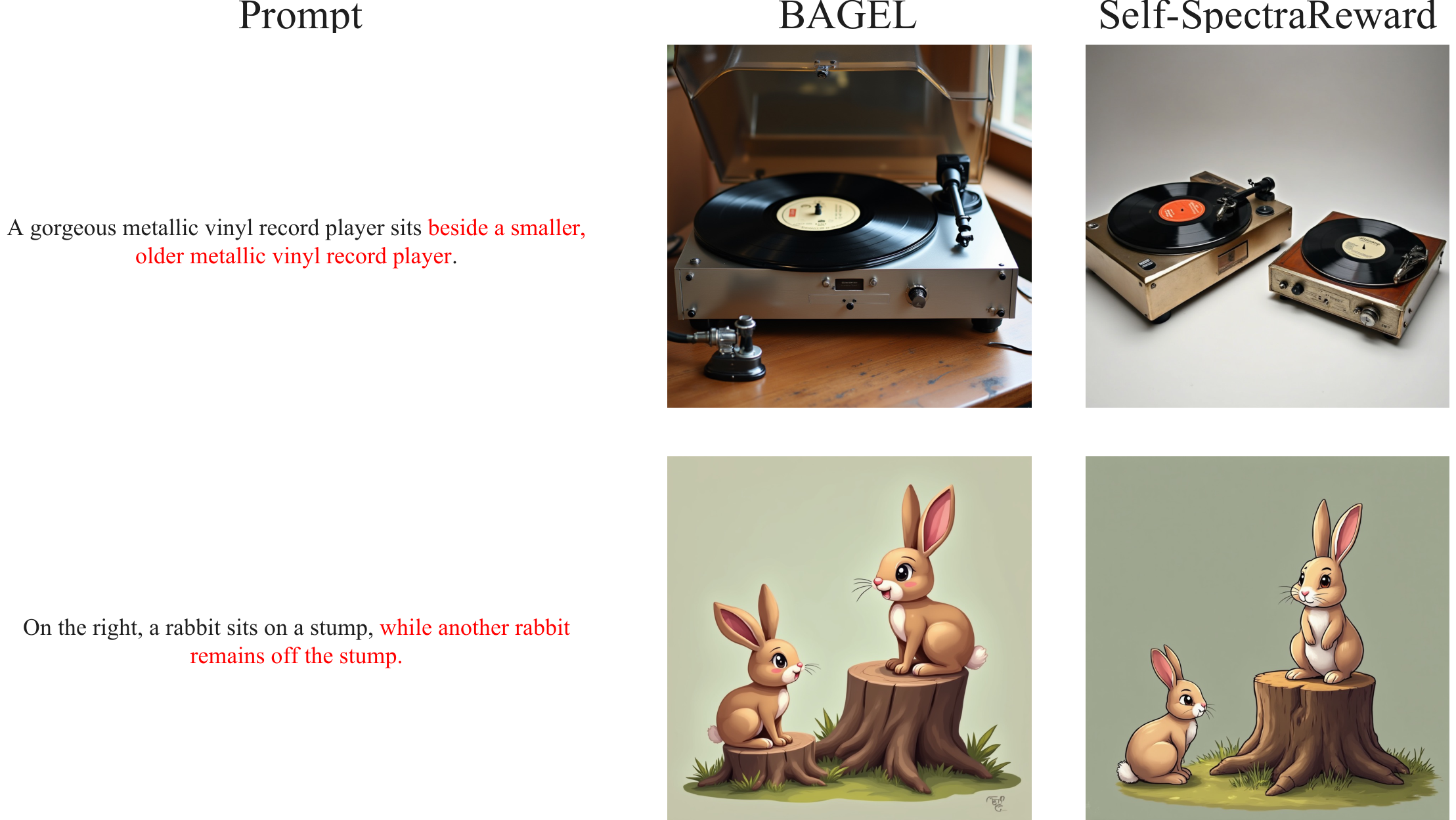 Qualitative comparison of BAGEL and Self-SpectraReward