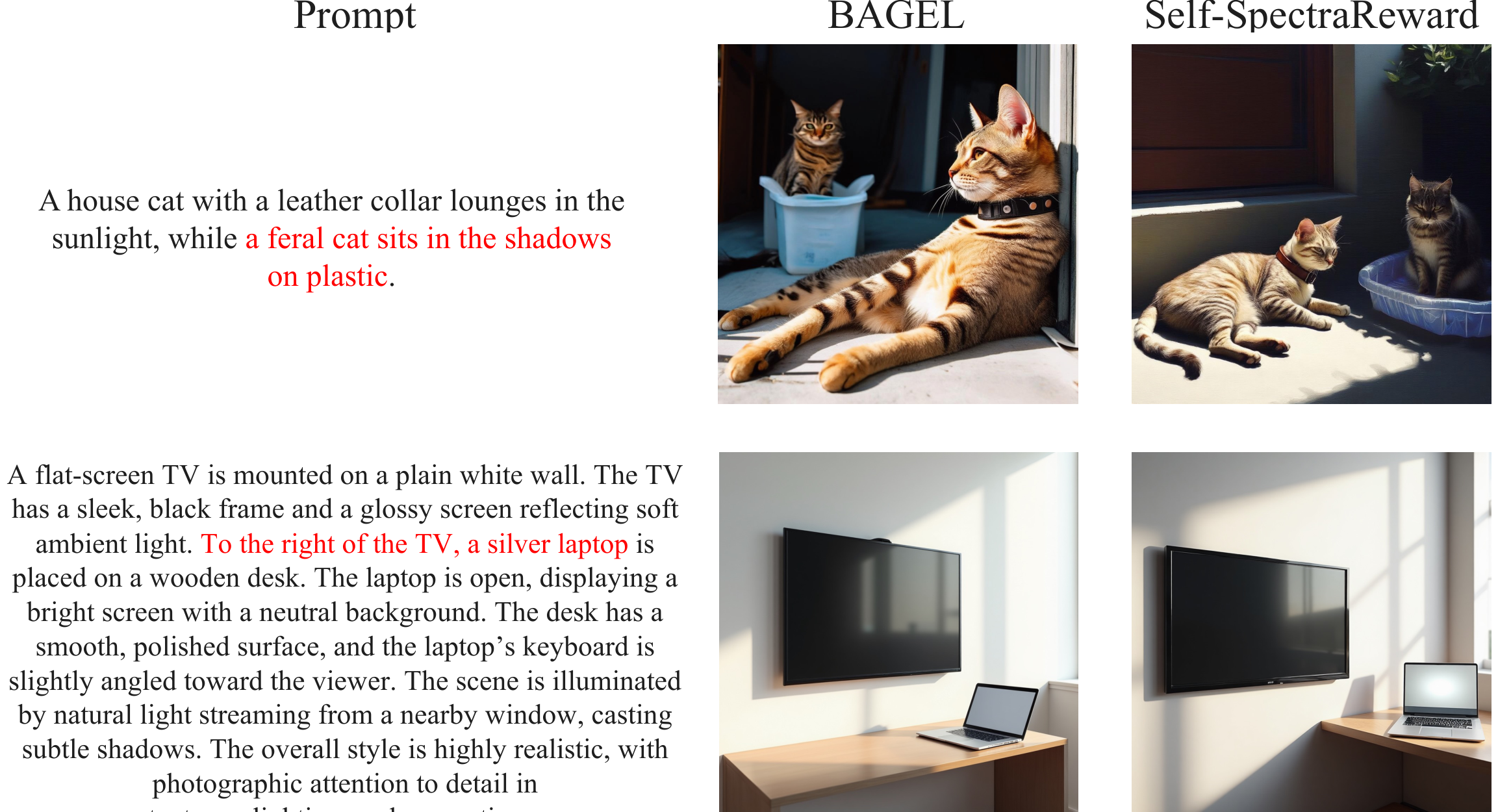 Qualitative comparison of BAGEL and Self-SpectraReward
